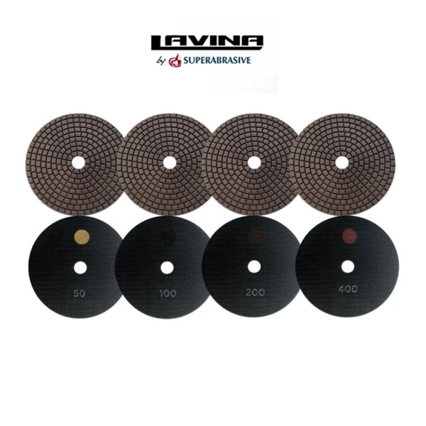 SupraShine Hybrid diamond pads from 50 to 8000 grit for repairing, refining, polishing, and maximising gloss on concrete, terrazzo, and natural stone floors.