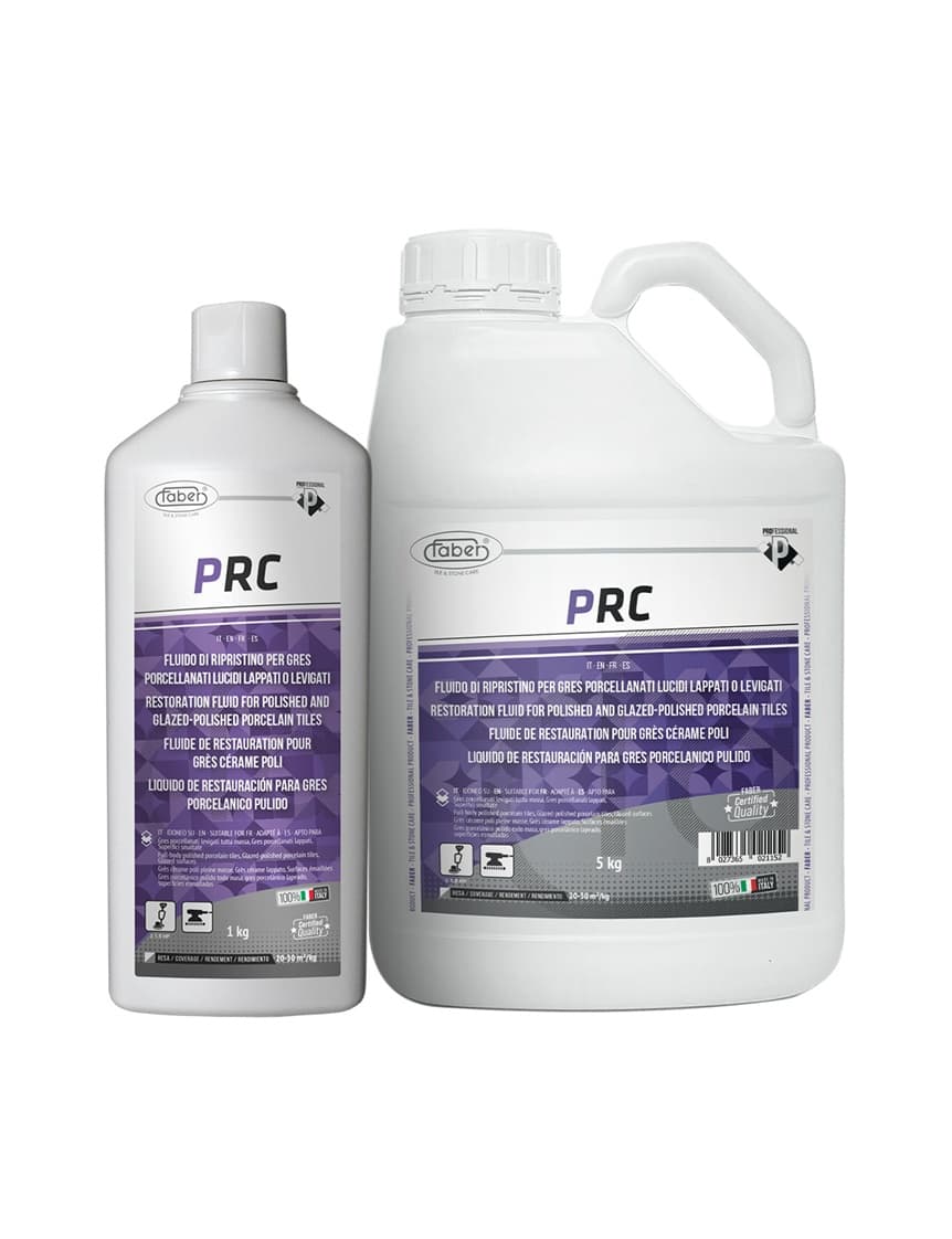 Faber PRC water-based restoration cream for polished porcelain tiles, glazed surfaces and stainless steel, restoring shine and surface uniformity.