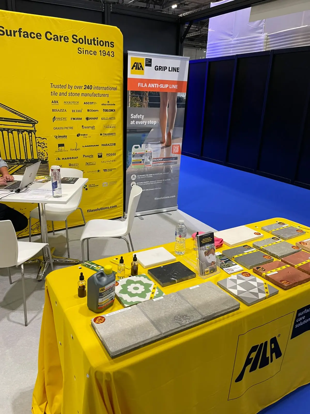 Fila anti-slip and stone-care products prepared for a live demonstration