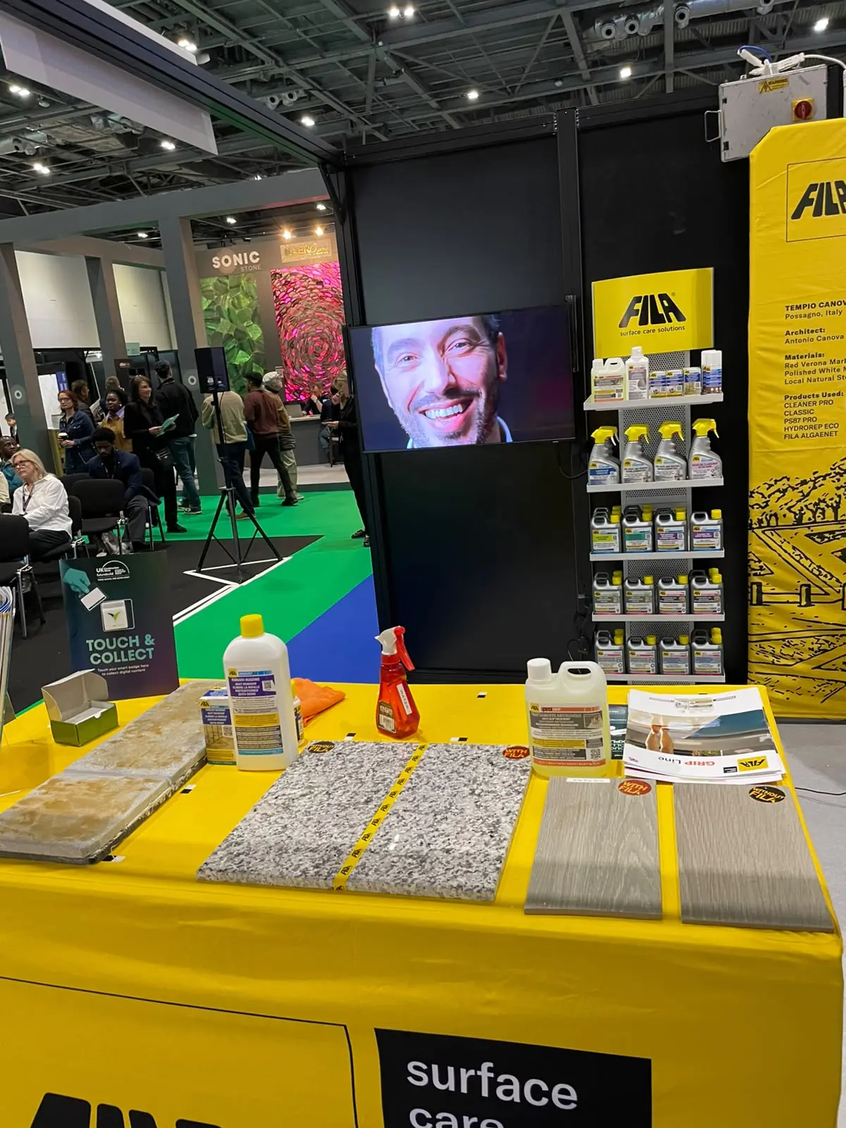 Fila stone and surface-care products displayed for professional demonstrations