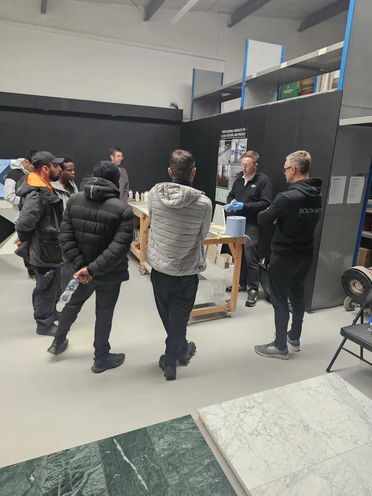Hands-on surface-care product demonstration during professional training